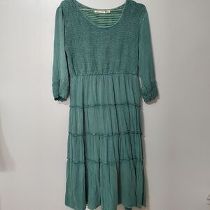 Studio West Teal Green Long Sleeve Maxi Tiered Dress Smocked Crepe Peasant Sz L